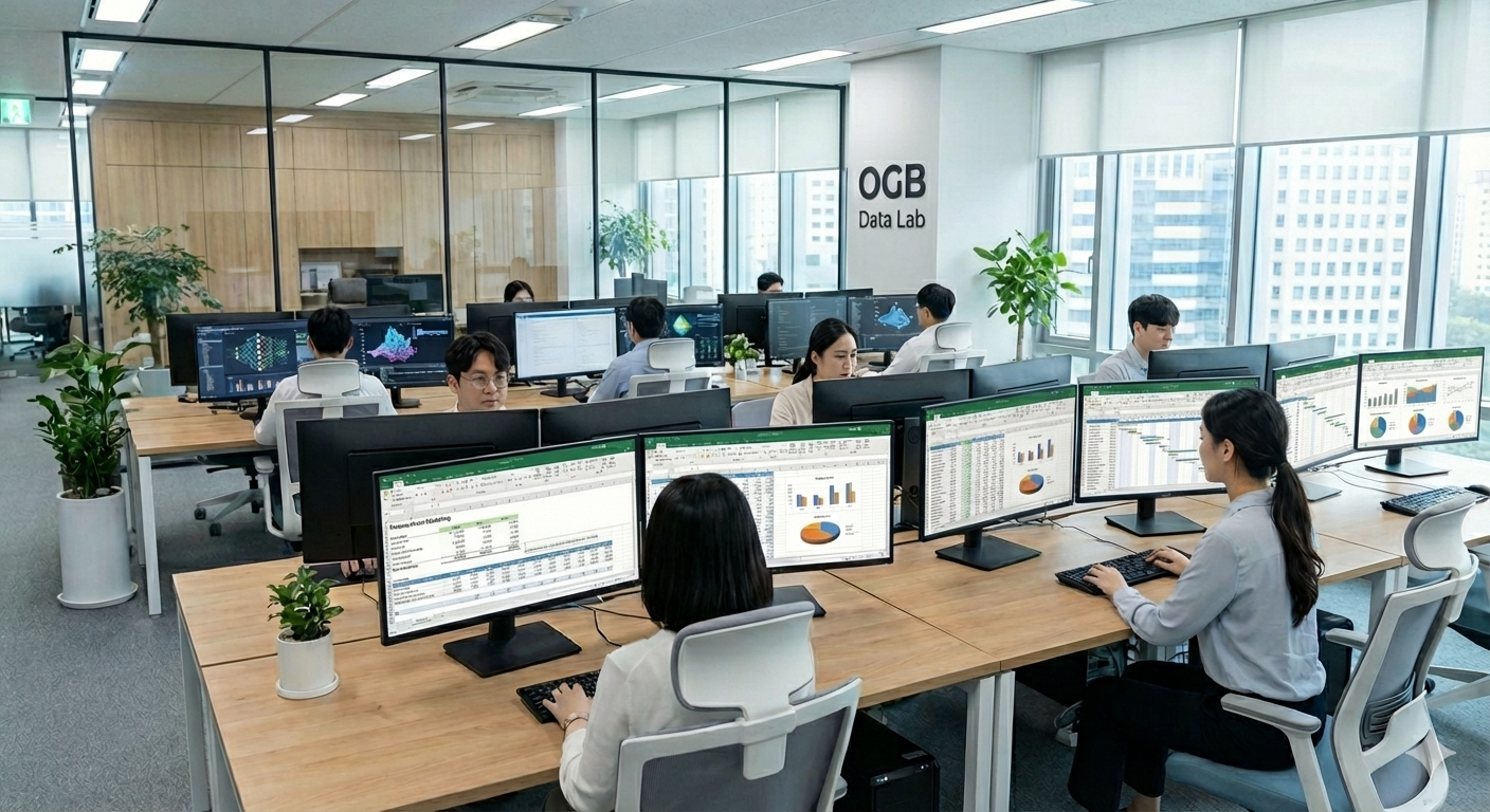複数のモニターでデータ分析を行うOGB Data Labのオフィス